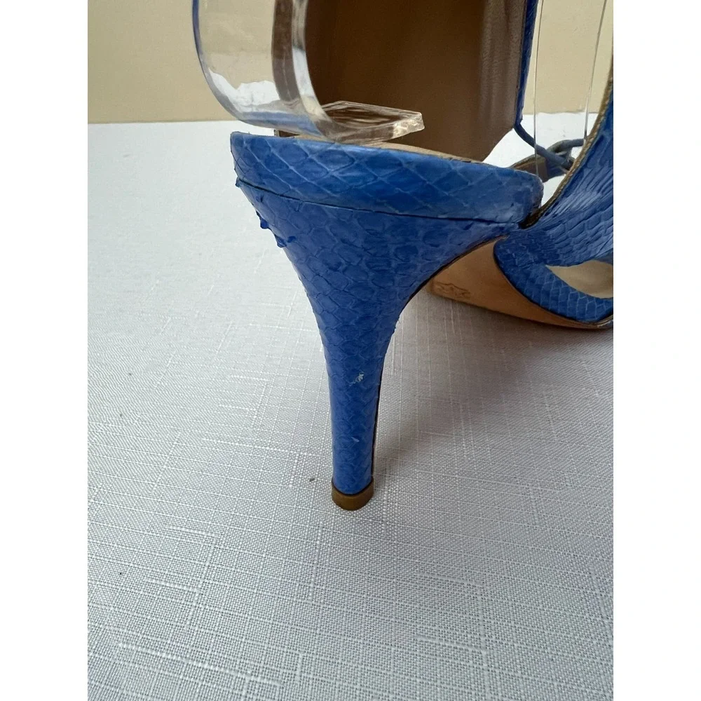 Loeffler Randall Ankle Cutout Sandals Blue‎ Reptile Lace Up Stiletto Heel SZ 8